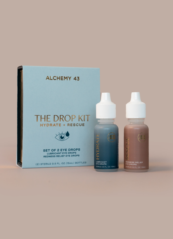 THE DROP KIT product box next to 2 individual eye dropper bottles: one teal reading "hydrate" and one tan reading "rescue"