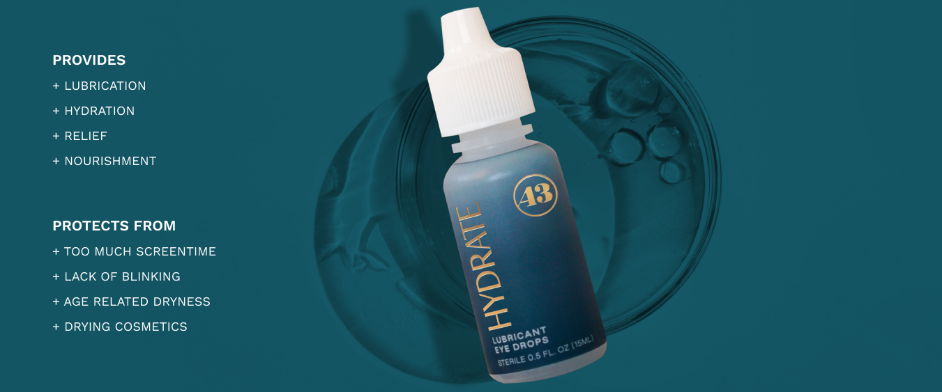 eye drop product bottle with teal label and gold text reading "hydrate lubricant eye drops"