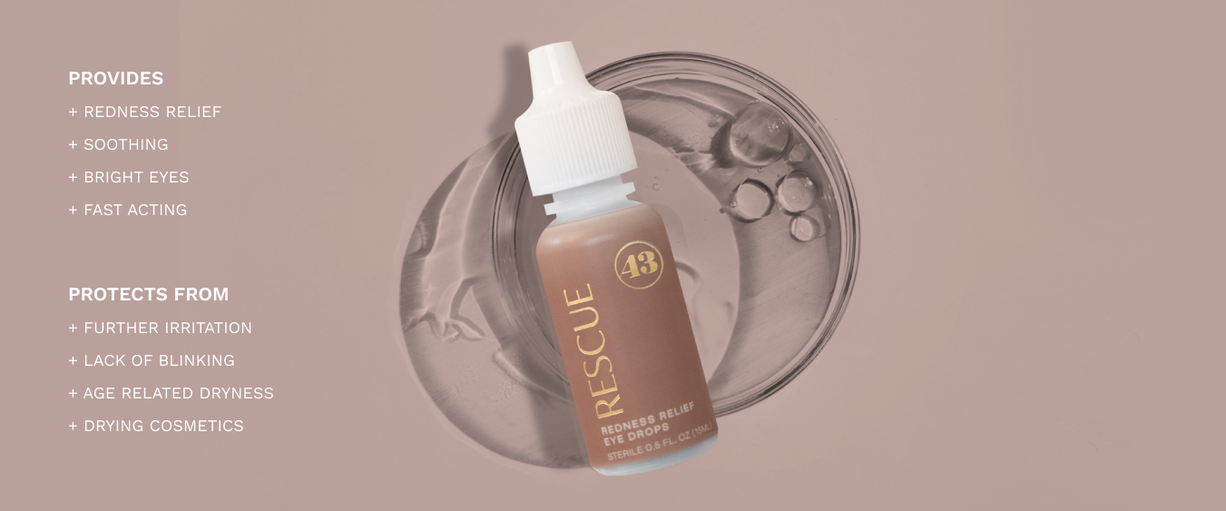 eye drop product bottle with tan label and gold text reading "rescue redness relief eye drops"